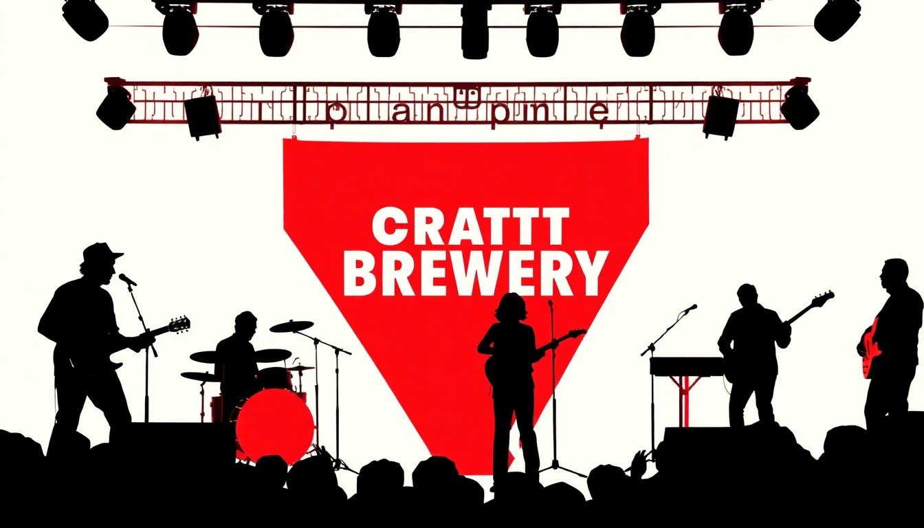 An abstract, minimalist illustration using bold black shapes and high-contrast colors to represent the energy of a live music performance at a local brewery.