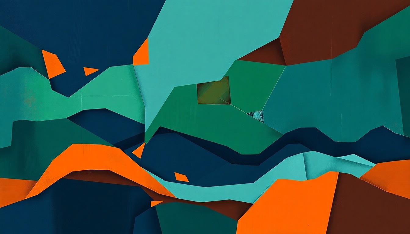 An abstract, fragmented painting with overlapping geometric shapes and brushstrokes in navy, green, and orange, conveying the complex political dynamics around tax policy in South Carolina.
