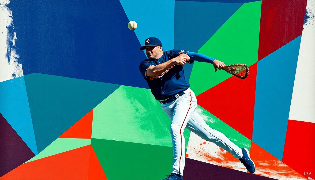 A fragmented, geometric painting depicting a baseball player in motion, with sharp planes of navy, green, and red colors overlapping to create a dynamic, deconstructed visual representation of the sport.