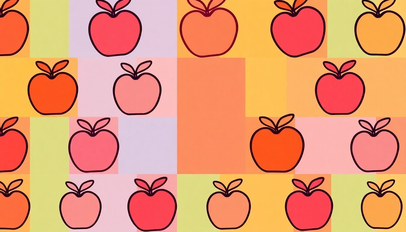 A bold, colorful silkscreen-style illustration featuring a repeated icon of a school bell or apple in a grid pattern, using vibrant neon hues and heavy black outlines to create a modern pop art effect.