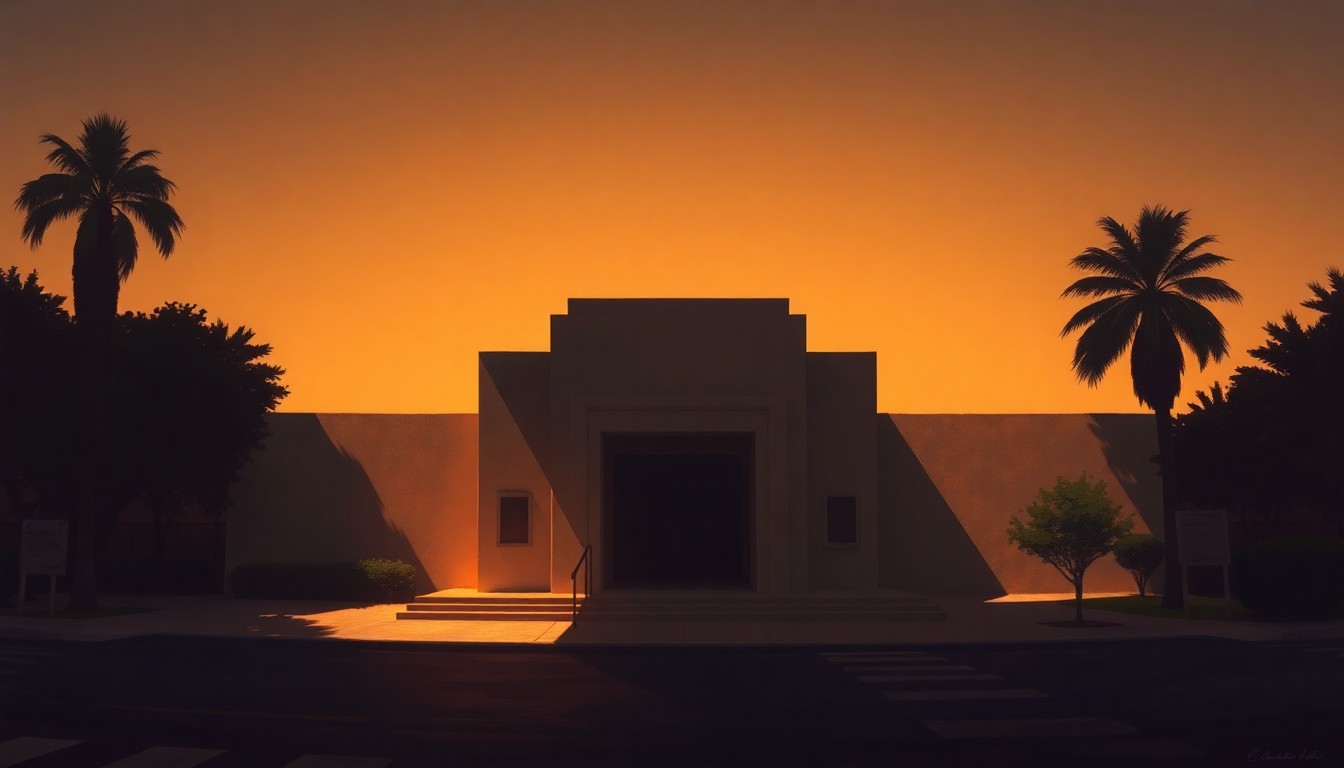 A serene, painterly scene of the entrance to the César Chávez National Monument, with the monument's structure partially obscured by warm sunlight and deep shadows, conveying a sense of contemplation and uncertainty surrounding Chávez's legacy.