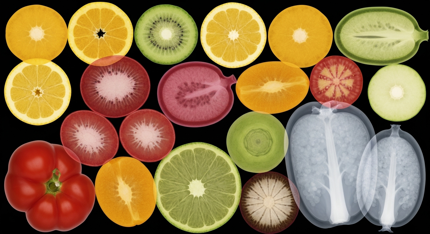 A ghostly, translucent X-ray photograph showing the intricate internal structures of various fruits and vegetables in vibrant colors against a dark background, conceptually representing the cellular-level benefits of a plant-based diet.