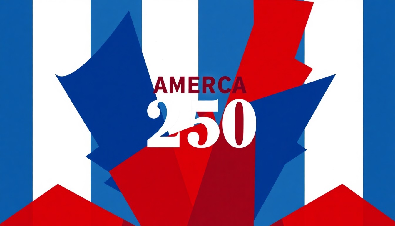 A striking abstract illustration featuring bold, angular shapes in the colors of the American flag, conveying the patriotic energy of a community celebration.