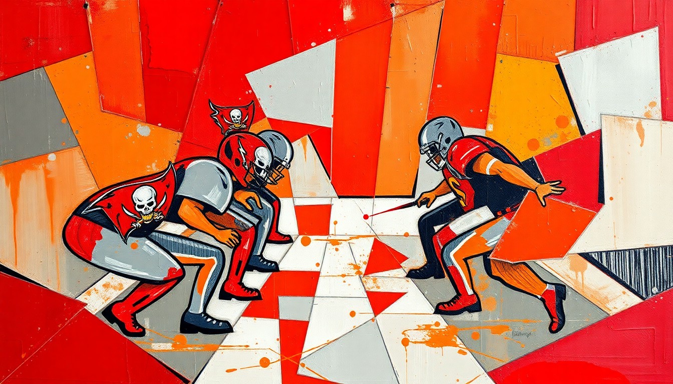 A cubist, geometric illustration depicting a fragmented Buccaneers defensive formation, with sharp, overlapping planes of pewter, red, and orange colors representing the dynamic changes on the team's defense.