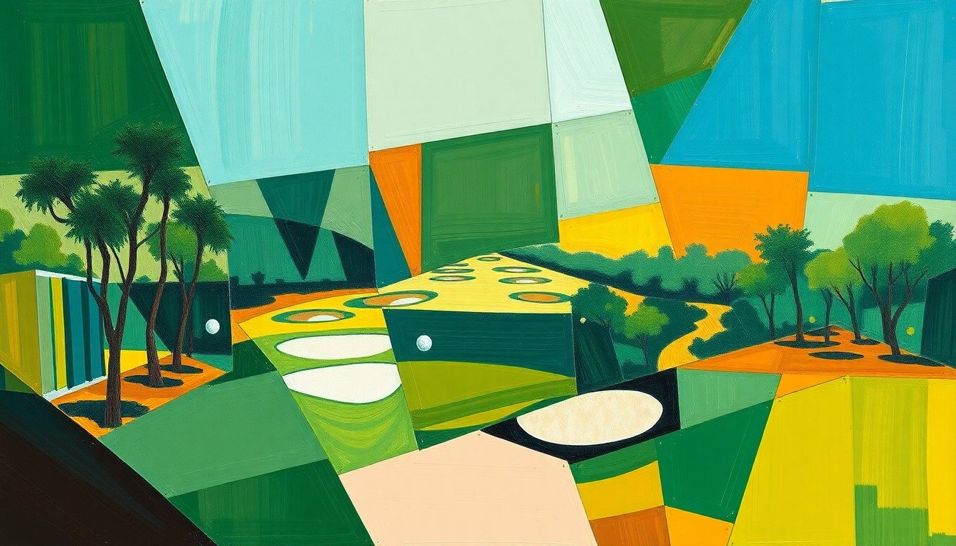 A cubist, geometric painting depicting a fragmented, multi-angle view of a college golf tournament, with sharp planes of green, blue, and ochre hues conveying the dynamic energy of the event.