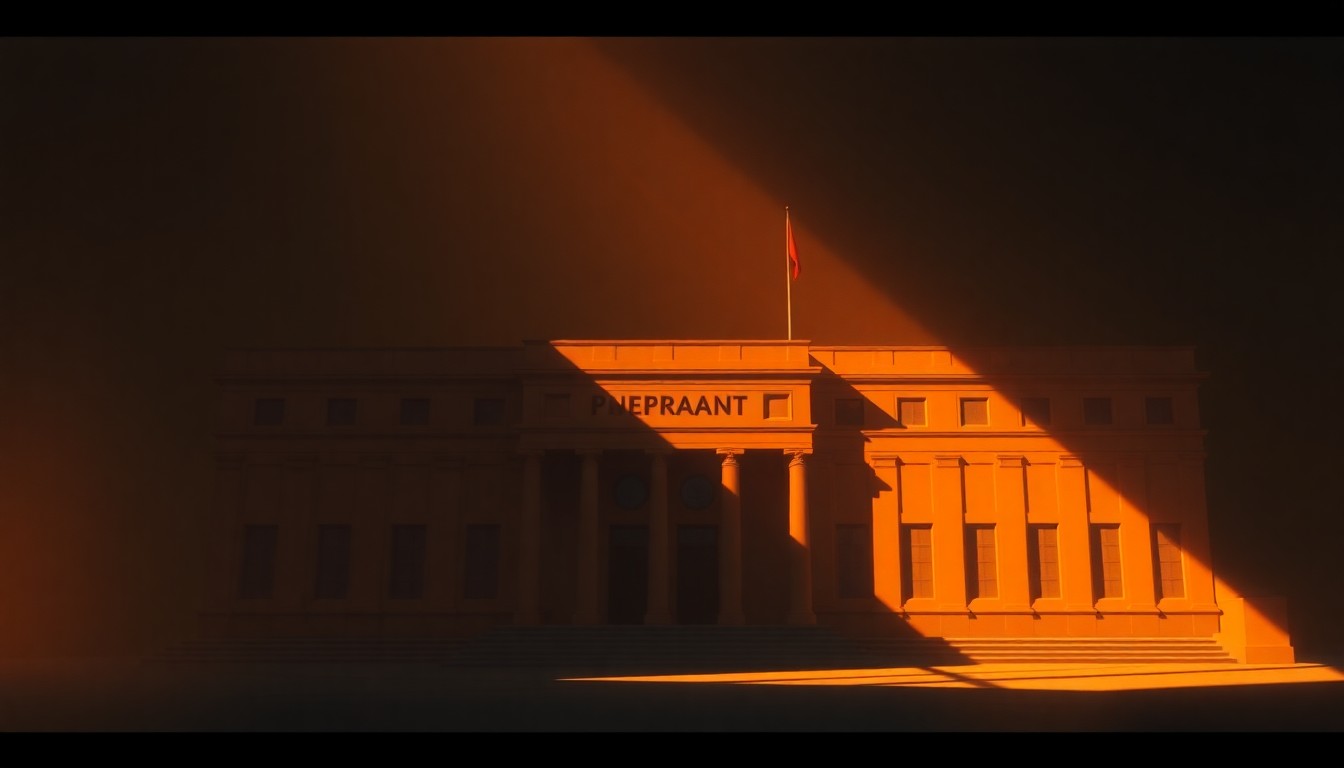 A serene, cinematic painting of an Iranian government building or office, with warm sunlight streaming through the windows and deep shadows casting a contemplative mood over the scene.