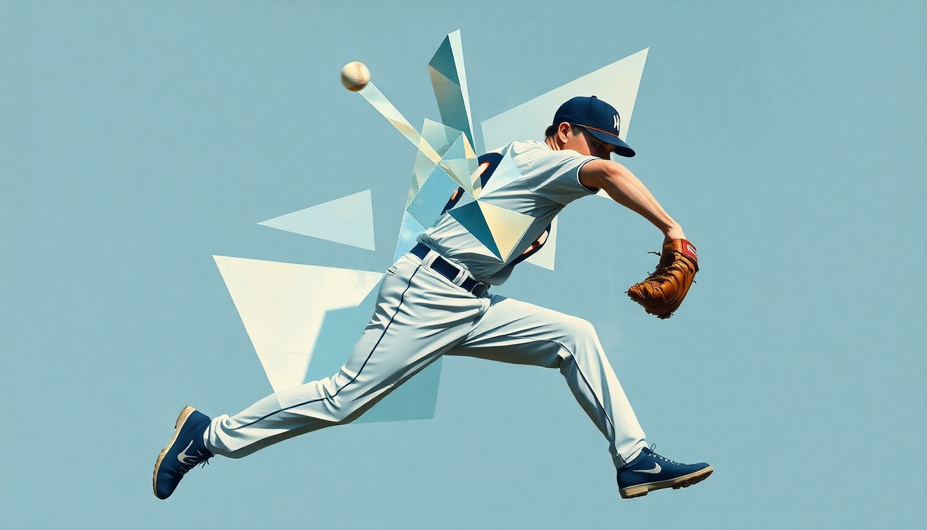 A fragmented, geometric painting depicting a baseball pitcher's throwing motion broken down into sharp, overlapping planes in muted colors, conceptually representing the vulnerability of pitchers' arms to injury.