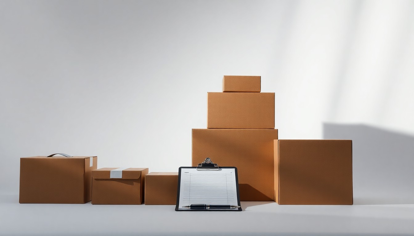 A photorealistic studio still life featuring a stack of shipping boxes, a clipboard, and a pen arranged on a clean white background, conveying the abstract concepts of corporate logistics and financial risk.