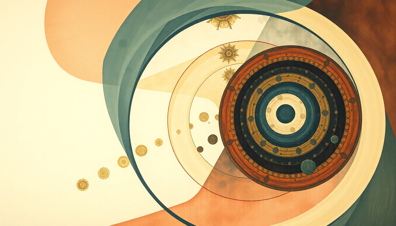 An abstract painting in soft blues, greens, and grays depicting a complex, interlocking network of geometric shapes and organic spirals, conceptually representing the intricate process of nanoparticles genetically modifying human cells.