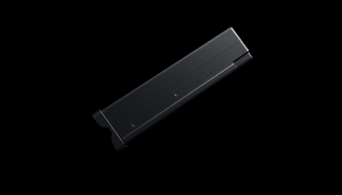 An extreme close-up of a metal police handgun magazine reflecting a bright flash of light, conceptually representing the investigation into a recent officer-involved shooting incident.