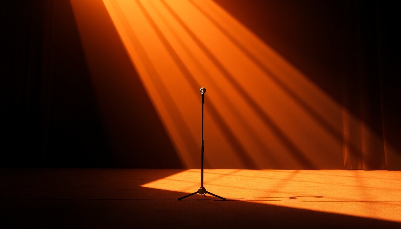 A close-up view of an empty microphone stand on a dimly lit stage, with warm, dramatic lighting casting long shadows and creating a pensive, reflective mood.