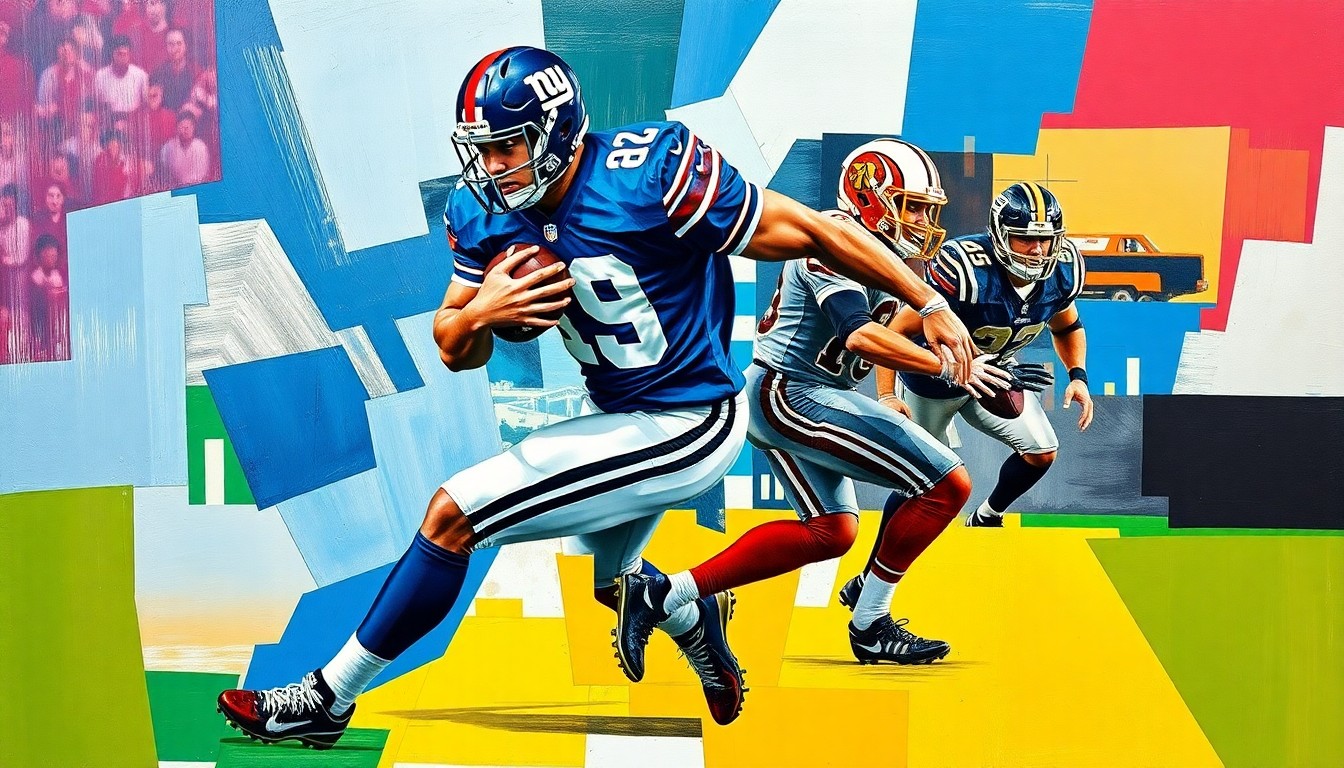 A cubist, geometric painting depicting the fragmented movements of a football player, using the official colors of the New York Giants and Washington Commanders to represent the rivalry between the two teams.