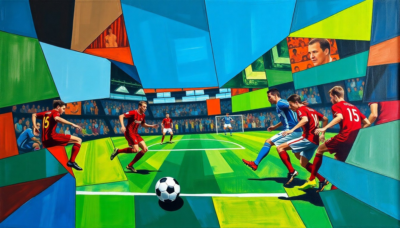 A cubist, fragmented painting depicting a soccer match, with the players and field broken down into sharp, overlapping geometric shapes in a bold color palette, conveying the collaborative spirit of the partnership between the two clubs.