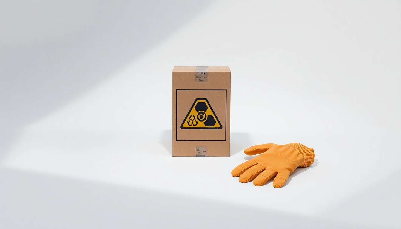 A photorealistic studio still life featuring a stack of shipping boxes, a hazard symbol sticker, and a pair of protective gloves, conceptually illustrating the corporate risks and regulations around hazardous materials transport.