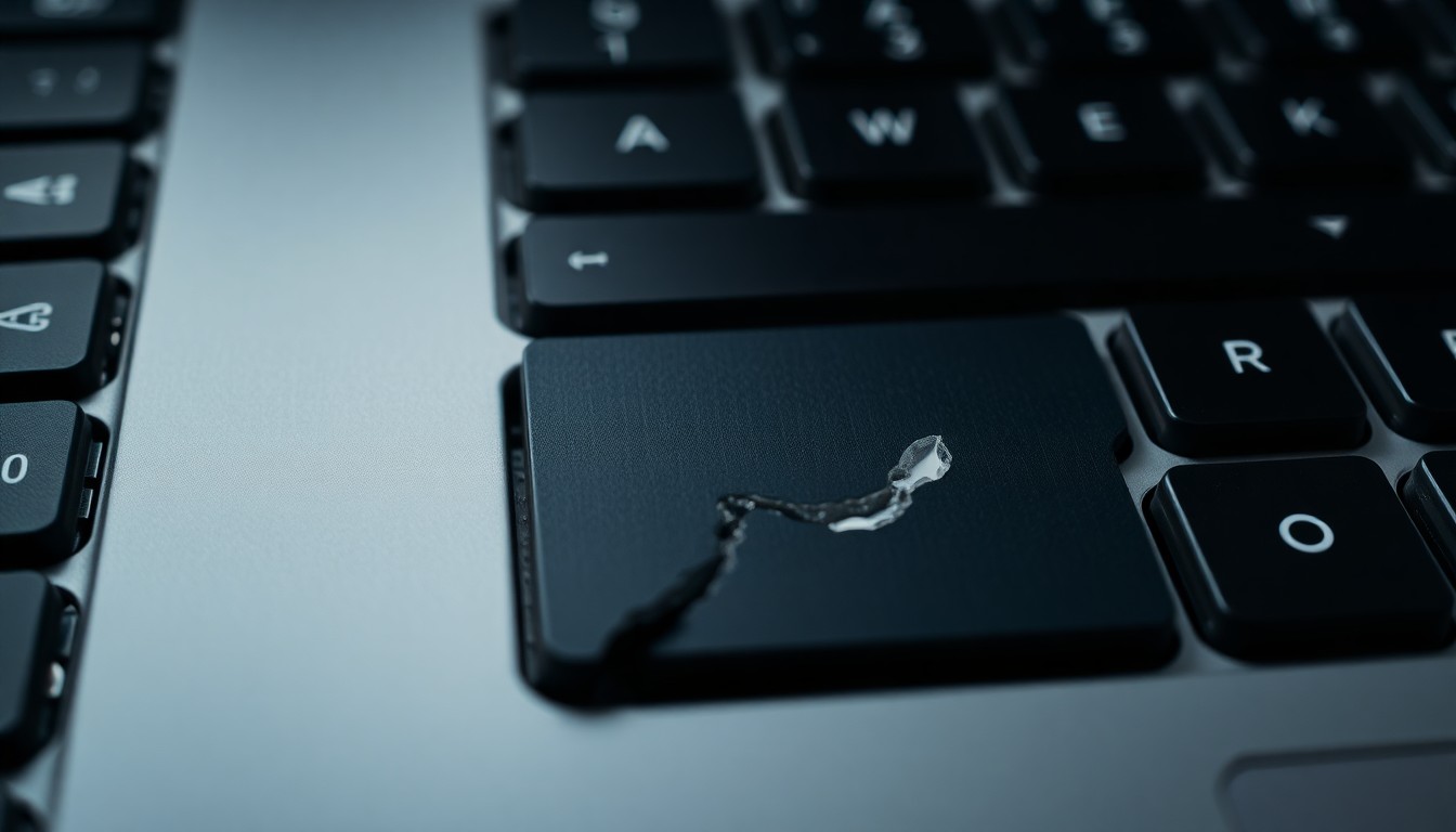 An extreme close-up photograph of a single cracked and damaged computer key, conceptually representing the vulnerability of digital communication and the need for caution when receiving unsolicited emails.