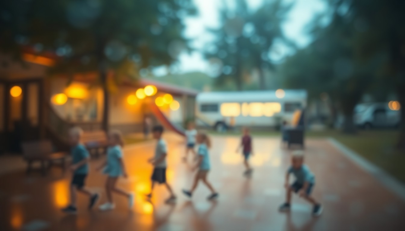 An extremely blurred, dreamlike scene of children playing on a school playground, with soft pools of warm yellow, orange, and blue light creating a hazy, abstracted atmosphere.
