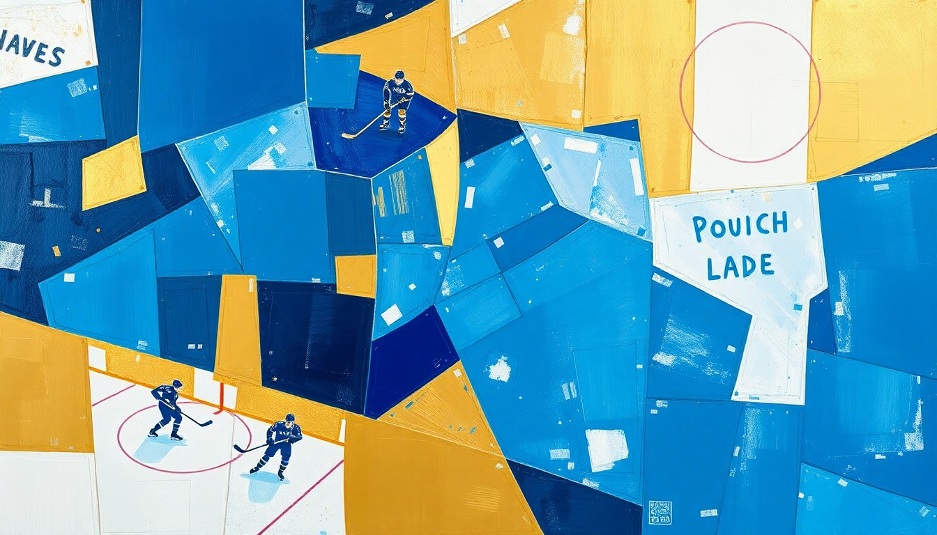 A fragmented, geometric painting depicting the hockey action with sharp, overlapping planes of blue, gold, and white, conveying the energy and excitement of the Sabres' milestone victory.