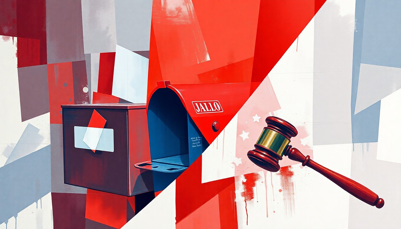 A vibrant, abstract painting in red, white, and blue featuring overlapping, fractured geometric shapes representing a ballot box, mailbox, and gavel, conveying the divisive political tensions around voting rights.