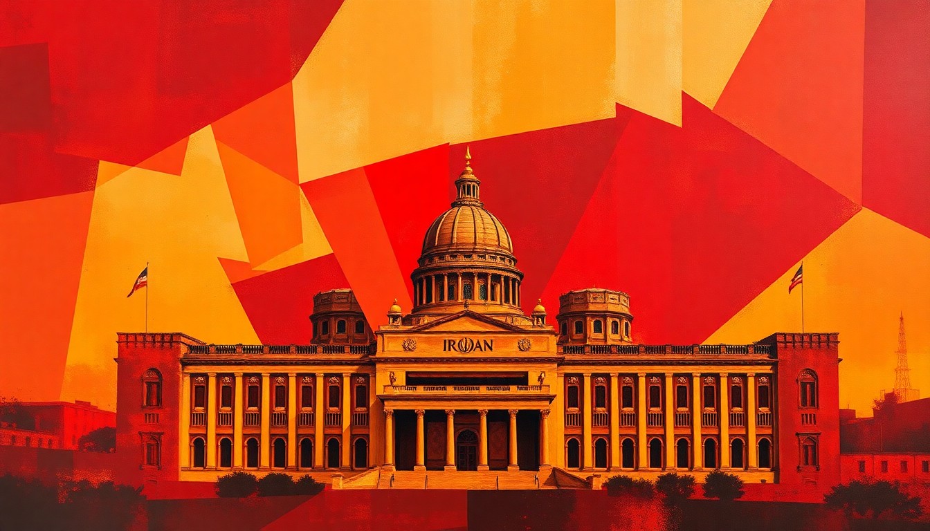 A dynamic, abstract painting featuring overlapping, fragmented shapes and lines in shades of red, orange, and gold, conceptually representing the political turmoil and shifting power dynamics between the U.S. and Iran.