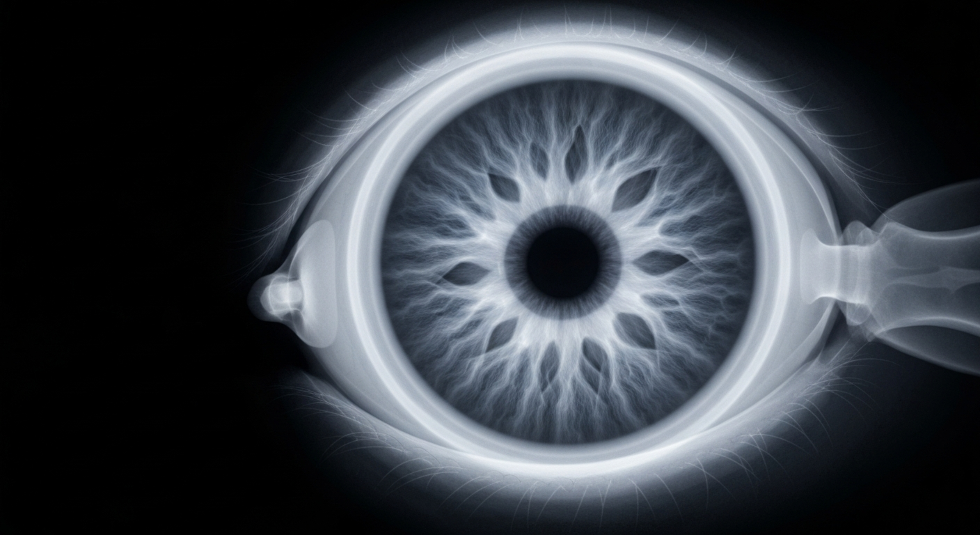 A translucent, ghostly X-ray-style image showing the internal structures of the human eye, including the iris, retina, and optic nerve, conceptually representing the impact of uveal melanoma on the eye.