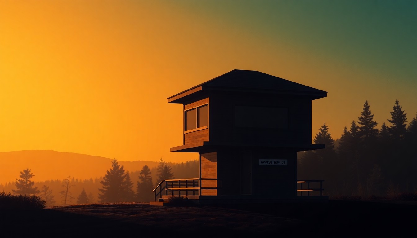A serene, atmospheric painting of a remote Forest Service outpost nestled in a rugged, mountainous landscape, capturing the quiet contemplation and isolation of land management work.