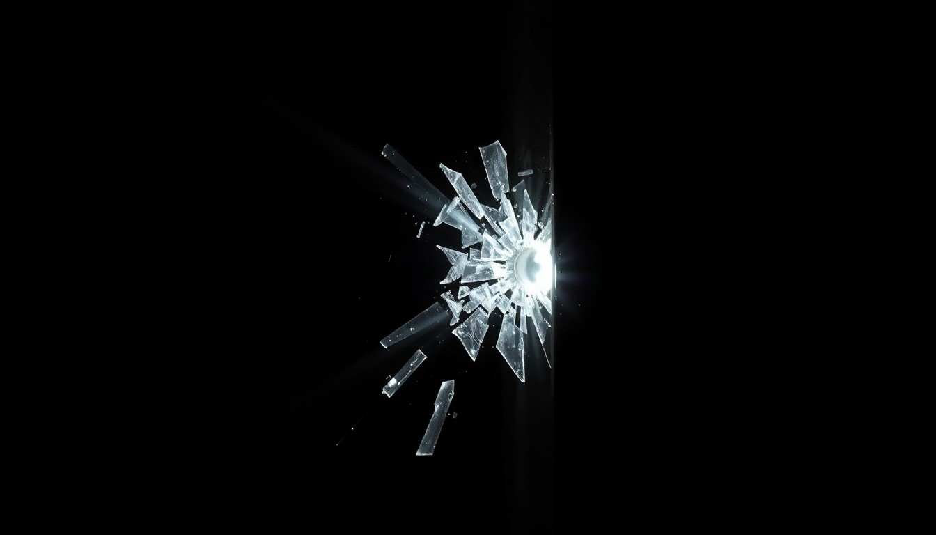 An extreme close-up of a damaged door frame or window lock, lit by a harsh flash against a dark background, conveying the gritty, investigative nature of the crime scene.