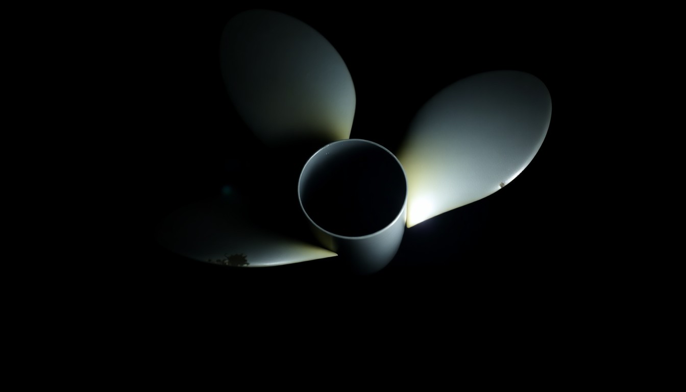 An extreme close-up photograph of a damaged boat propeller reflecting a harsh, direct camera flash, conceptually illustrating the aftermath of a deadly boat collision.