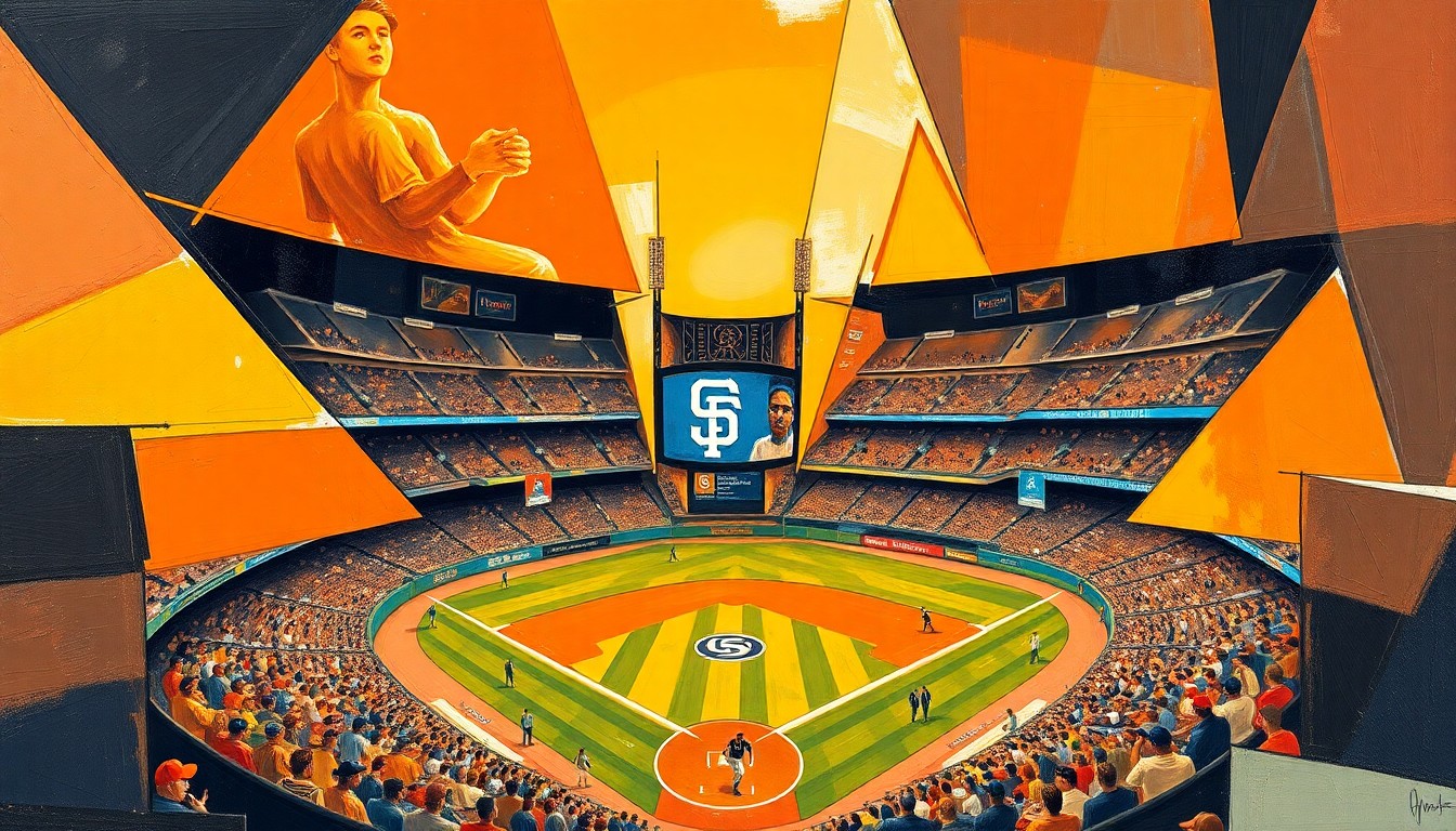 A fragmented, geometric painting depicting a baseball game, with sharp planes of orange, black, brown, and gold representing the dynamic action on the field.