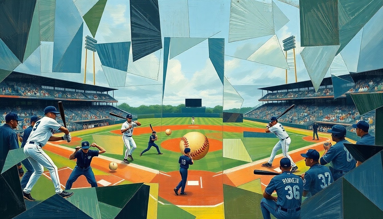 A fragmented, geometric painting depicting the action of a high school baseball game, with players, bats, and baseballs rendered in an abstract cubist style using muted earth tones.