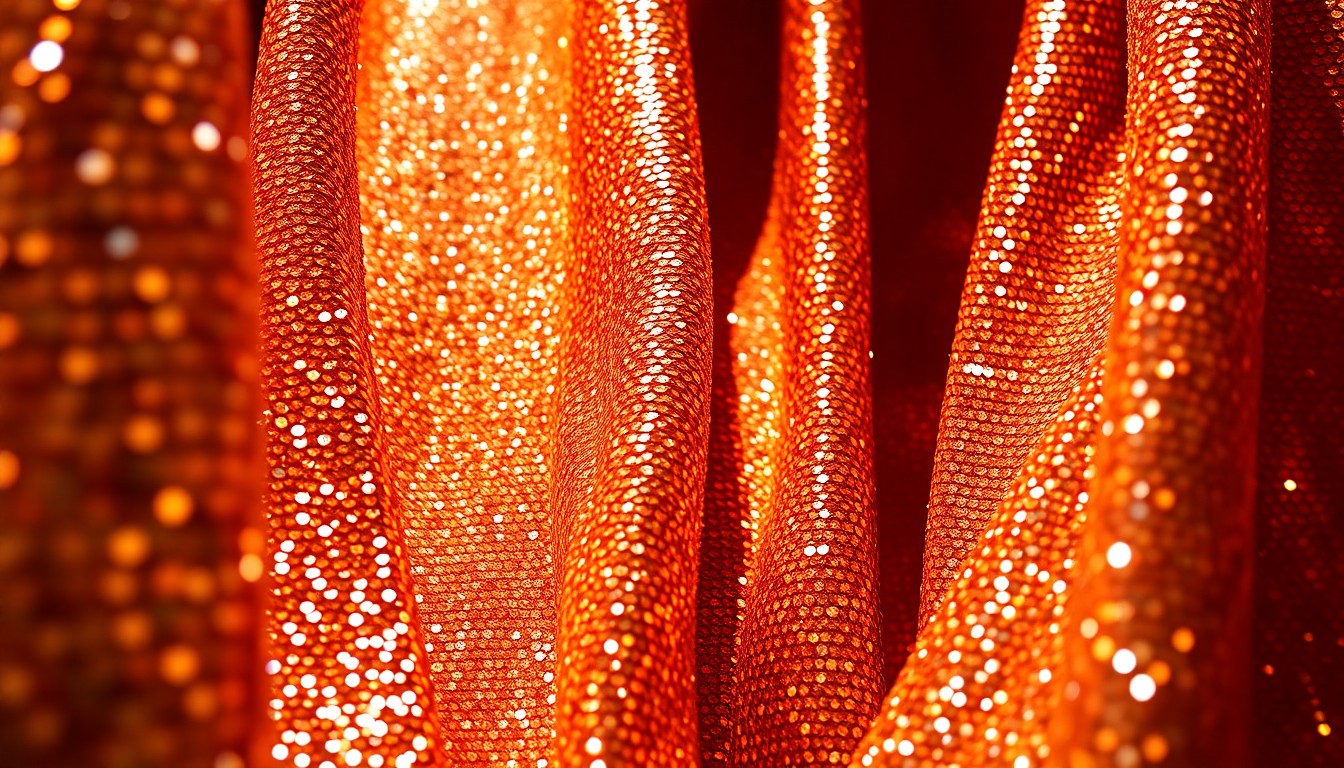 An abstract close-up photograph of luxurious, glittering fabric textures in dramatic studio lighting, conceptually representing the glamour and high-stakes performance of Broadway theater.
