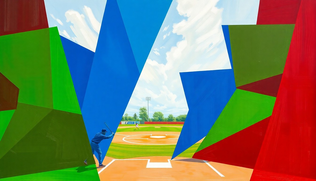 A fragmented, geometric painting in bold colors depicting the dynamic action of a high school softball game, with players and the field deconstructed into sharp, overlapping planes.