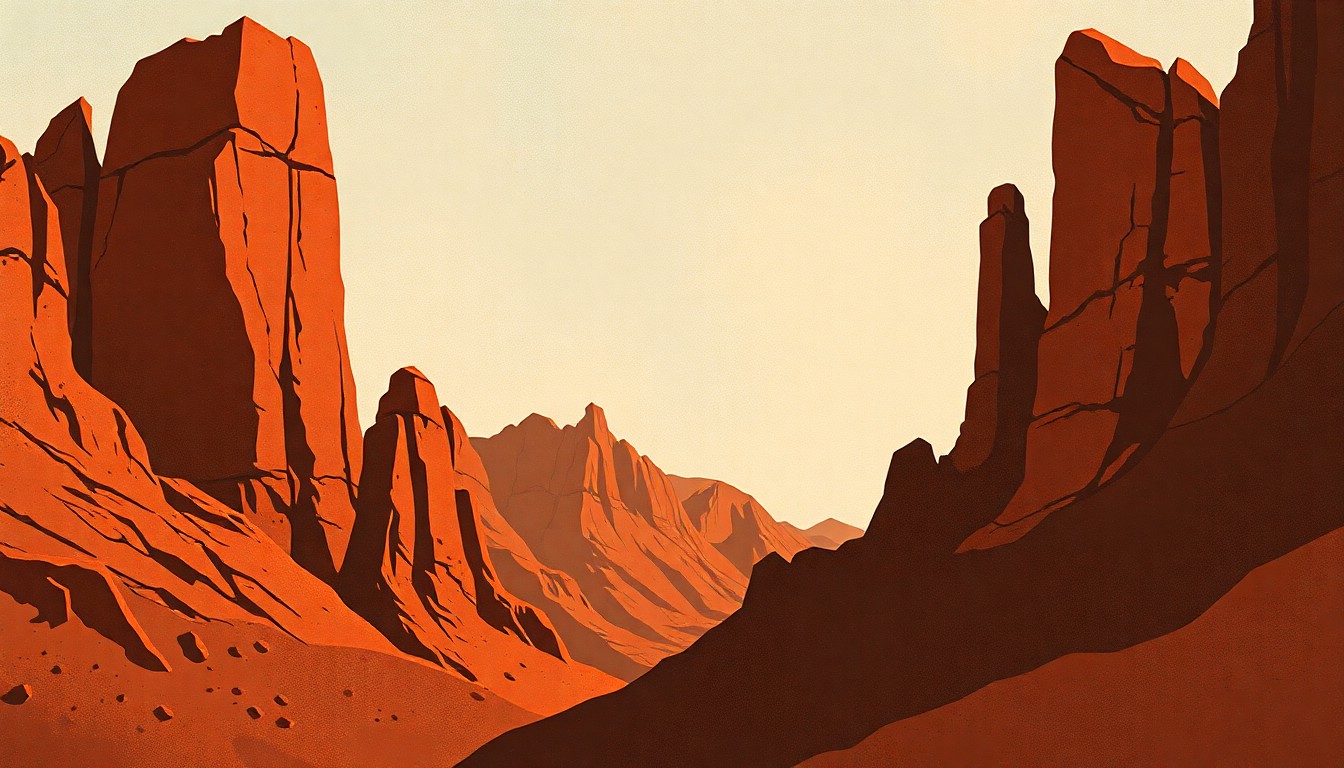 An abstract composition of sharp, angular shapes in warm, earthy tones, conveying the rugged beauty and pioneering spirit of the western United States.