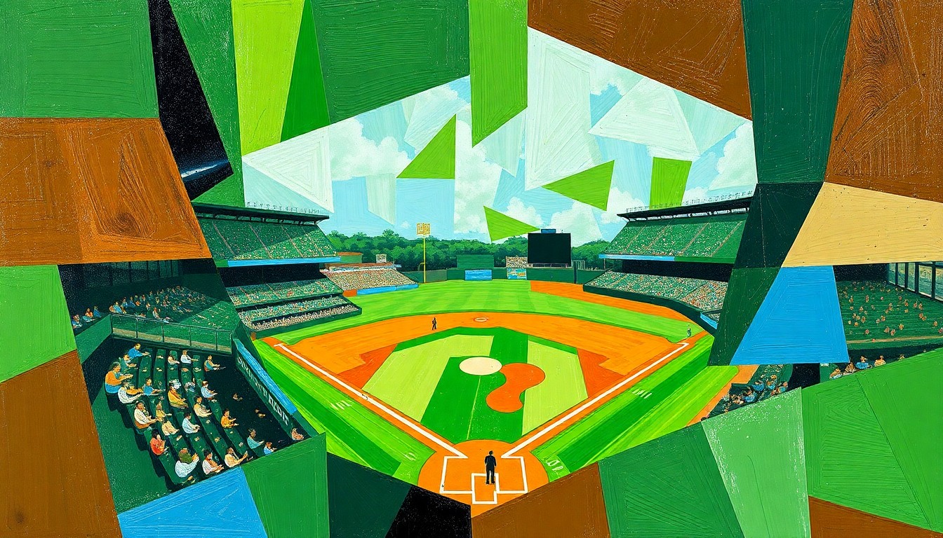 A cubist, geometric painting depicting a high school baseball game, with the players and field broken down into overlapping planes of vibrant green, blue, and brown hues.