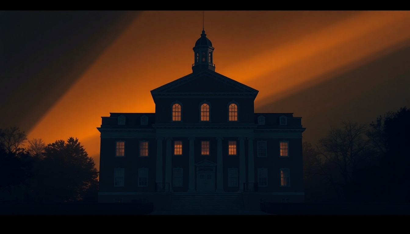 A photorealistic painting depicting the Maryland State House, a stately government building, bathed in warm, golden sunlight with deep shadows. The scene conveys a sense of quiet contemplation and nostalgia, reflecting the changing political dynamics in the state.