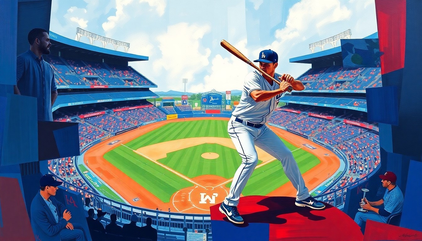 A fractured, cubist-style painting depicting Shohei Ohtani's pitching motion and batting stance broken down into sharp, overlapping geometric shapes and planes in vibrant blues, reds, and hints of a baseball diamond in the background, conceptually representing the multi-dimensional talent of this MLB superstar.