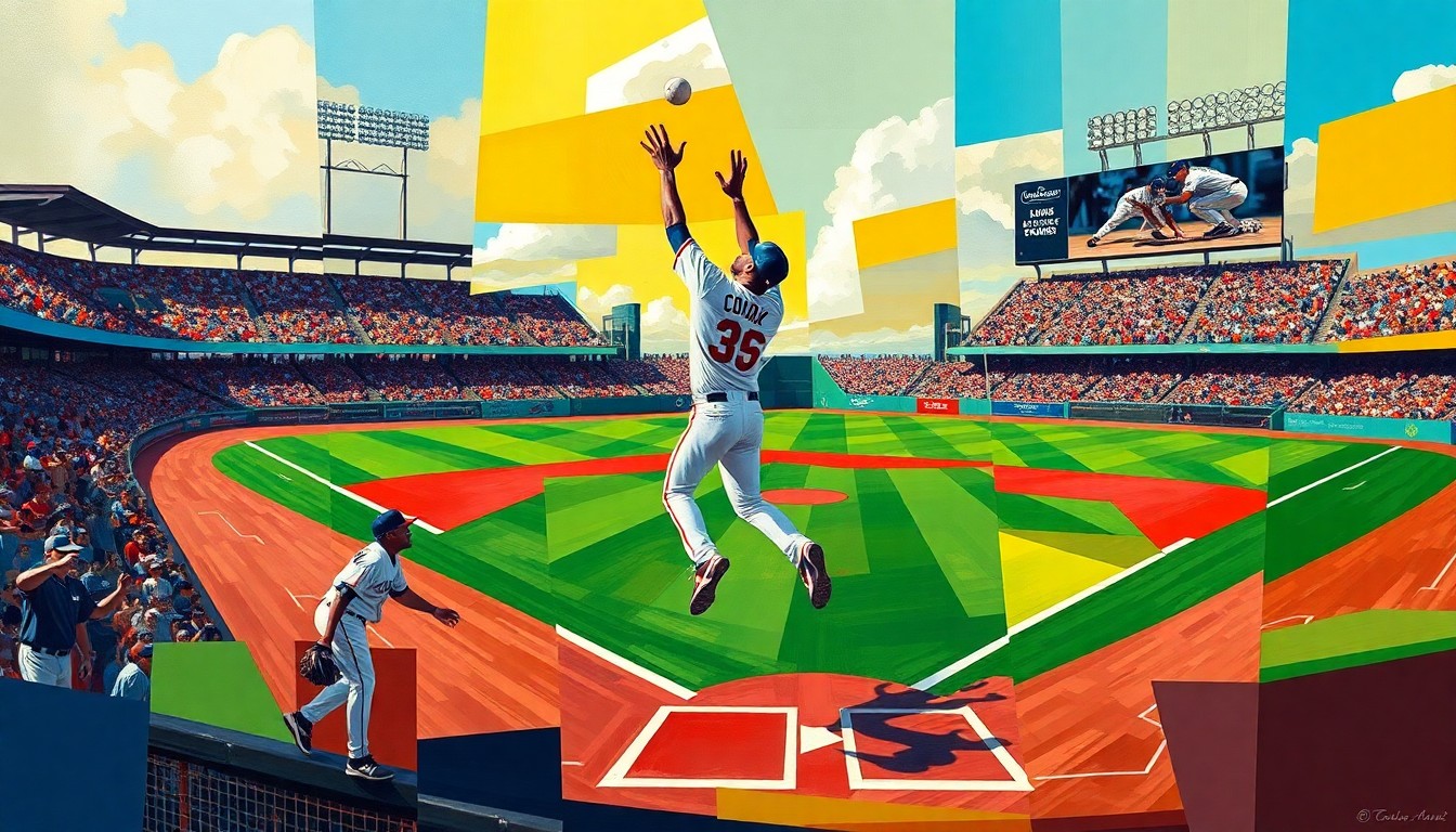 A cubist, geometric painting depicting the moment Dawson Springs outfielder Alieah Cook leaped to rob a home run, with the baseball diamond and outfield fence fractured into sharp, overlapping planes of vibrant color.