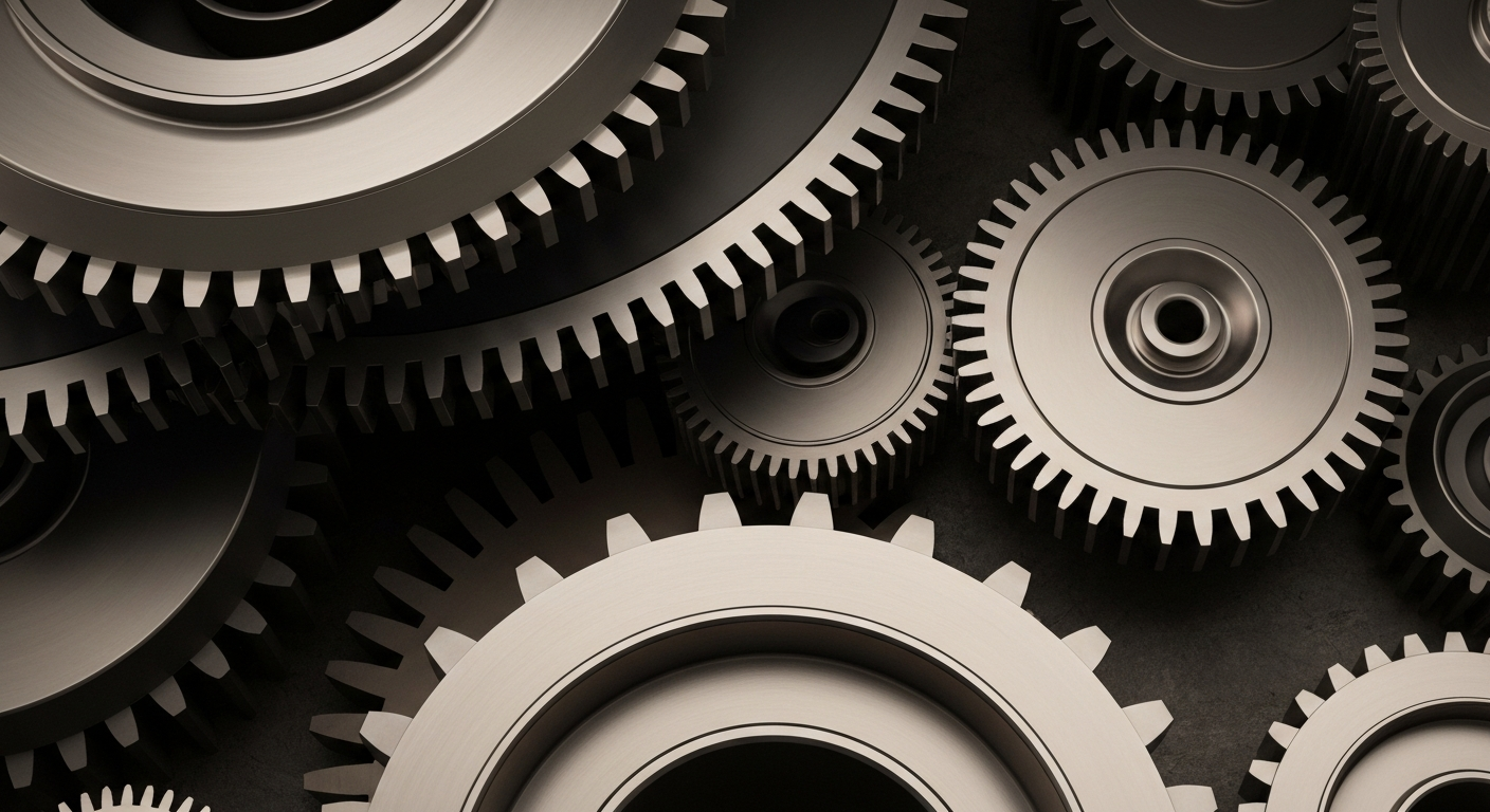 A highly detailed, cinematic close-up image of heavy, industrial machinery in shades of steel grey, bronze, and black, conveying the complex financial infrastructure and institutional power of the energy industry.