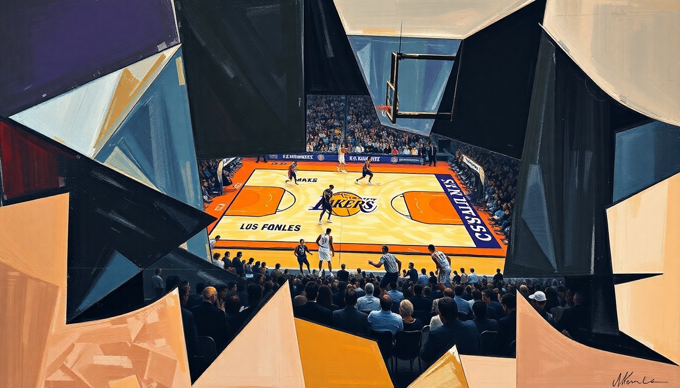 A vibrant, fractured painting in the style of Pablo Picasso, depicting a basketball game between two teams through sharp, overlapping geometric shapes and planes of color.