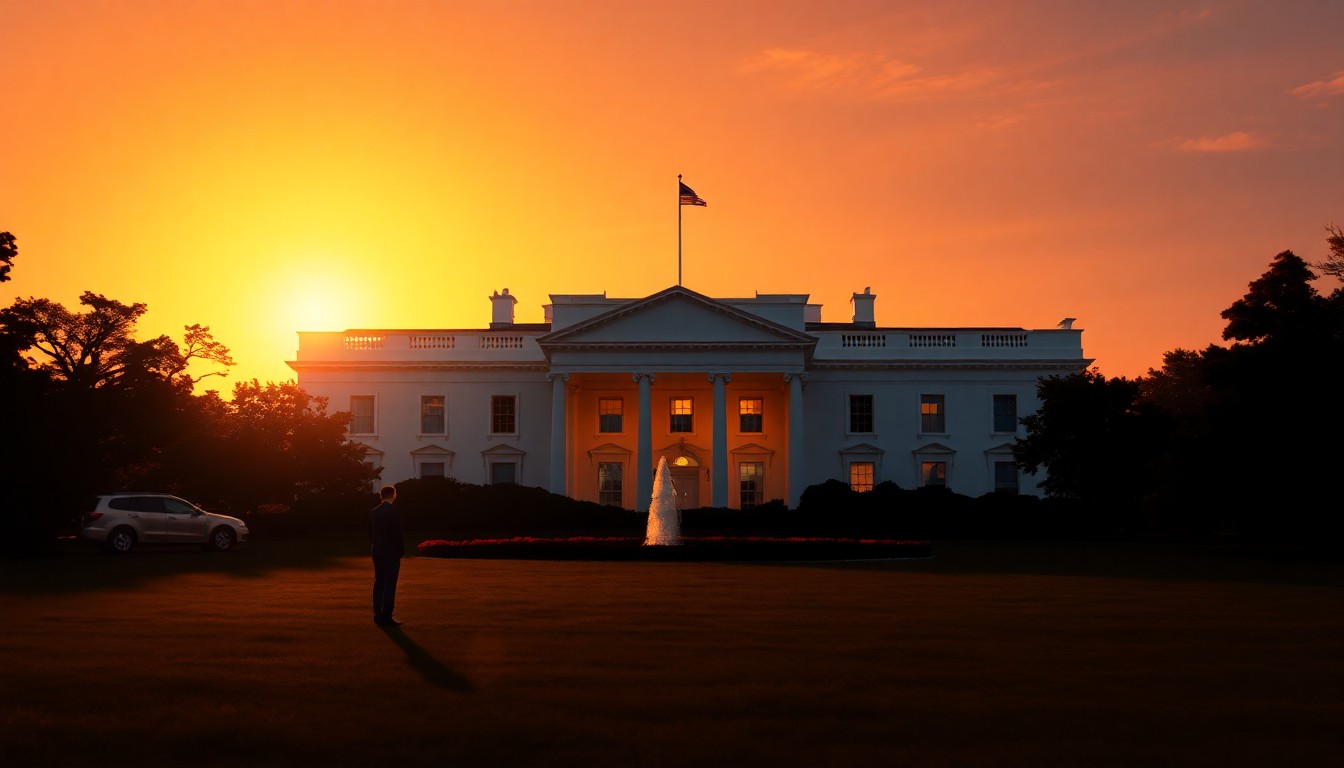 A serene, painterly image of the White House at sunset, with a solitary figure standing in the foreground, conveying a sense of contemplation and the preservation of an important national landmark.