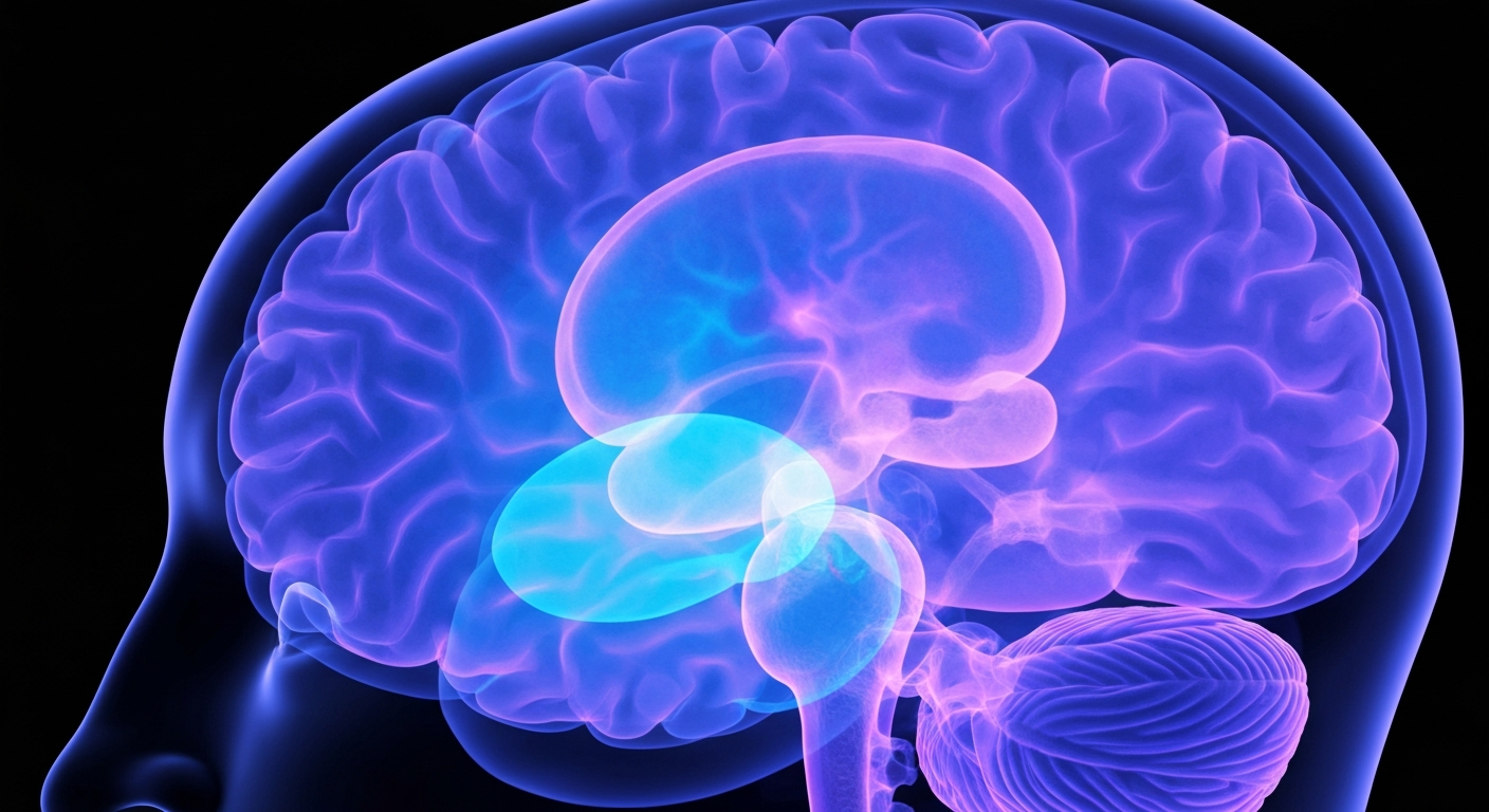 A ghostly, translucent X-ray image of the human brain, with the hypothalamic region glowing in vibrant shades of blue and purple, conceptually representing the focus of research on the neurological mechanisms of chronic pain.