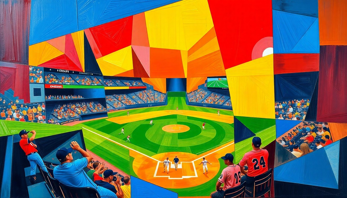A fragmented, geometric painting in bold, clashing colors depicts the action and intensity of a baseball game, with players and the field deconstructed into sharp, overlapping shapes.