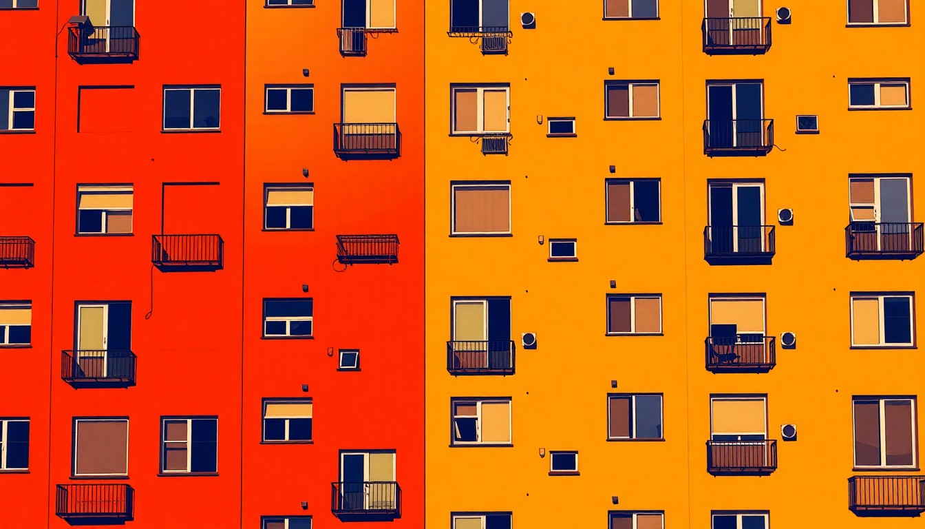 A brightly colored, abstract grid of stylized apartment building facades in warm shades of orange, yellow, and red, conceptually representing an affordable housing development in an urban setting.