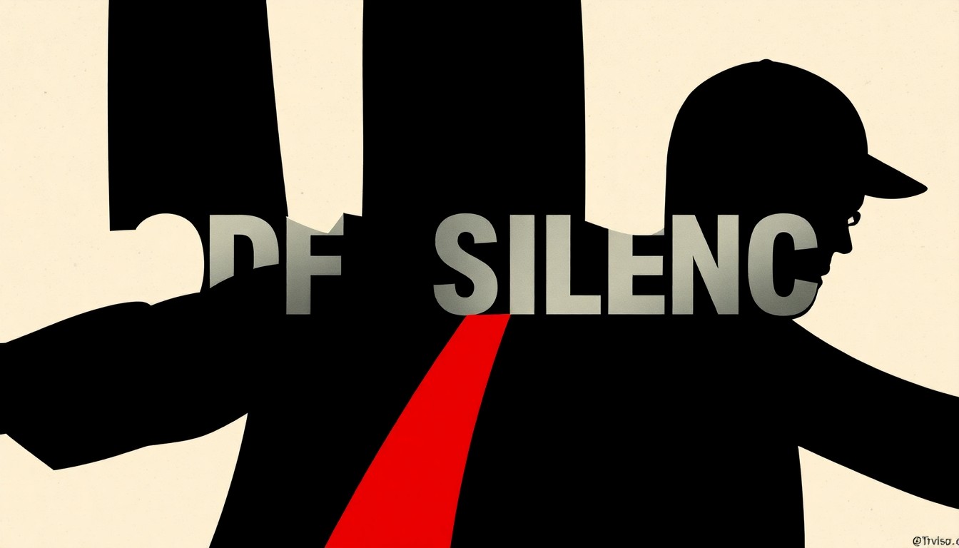 A bold, minimalist composition of stark black silhouettes and geometric shapes in high-contrast red and white, capturing the gritty, neo-noir tone of the 1980s crime drama 'Code of Silence'.