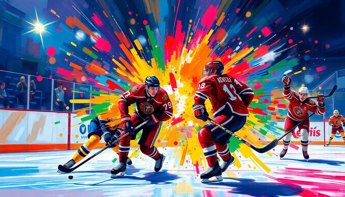 An abstract, energetic painting in neon colors depicting the dynamic movement and energy of a hockey game, with players' forms breaking apart into vibrant, expressive brushstrokes.
