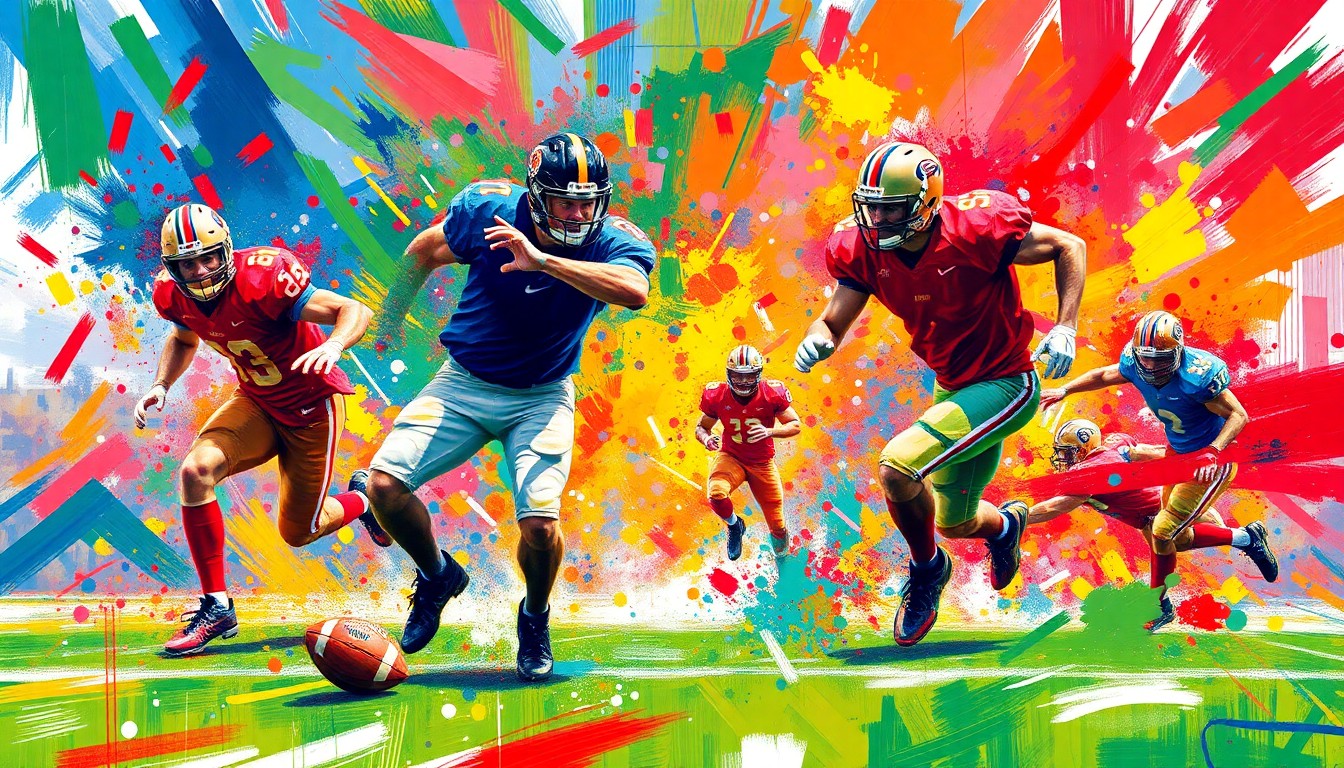A vibrant, expressionist painting depicting the raw movement and energy of a flag football game, with players' bodies and the ball dissolving into unrecognizable splatters of neon colors.