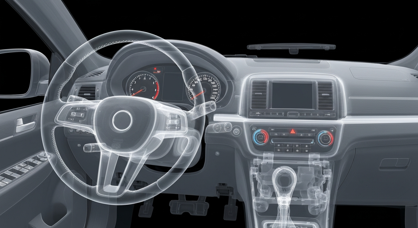 A ghostly X-ray image showing the internal structure of a car dashboard and steering wheel, with glowing lines highlighting safety features like seat belts and airbags, conceptually representing the data on seat belt use and driver distraction.