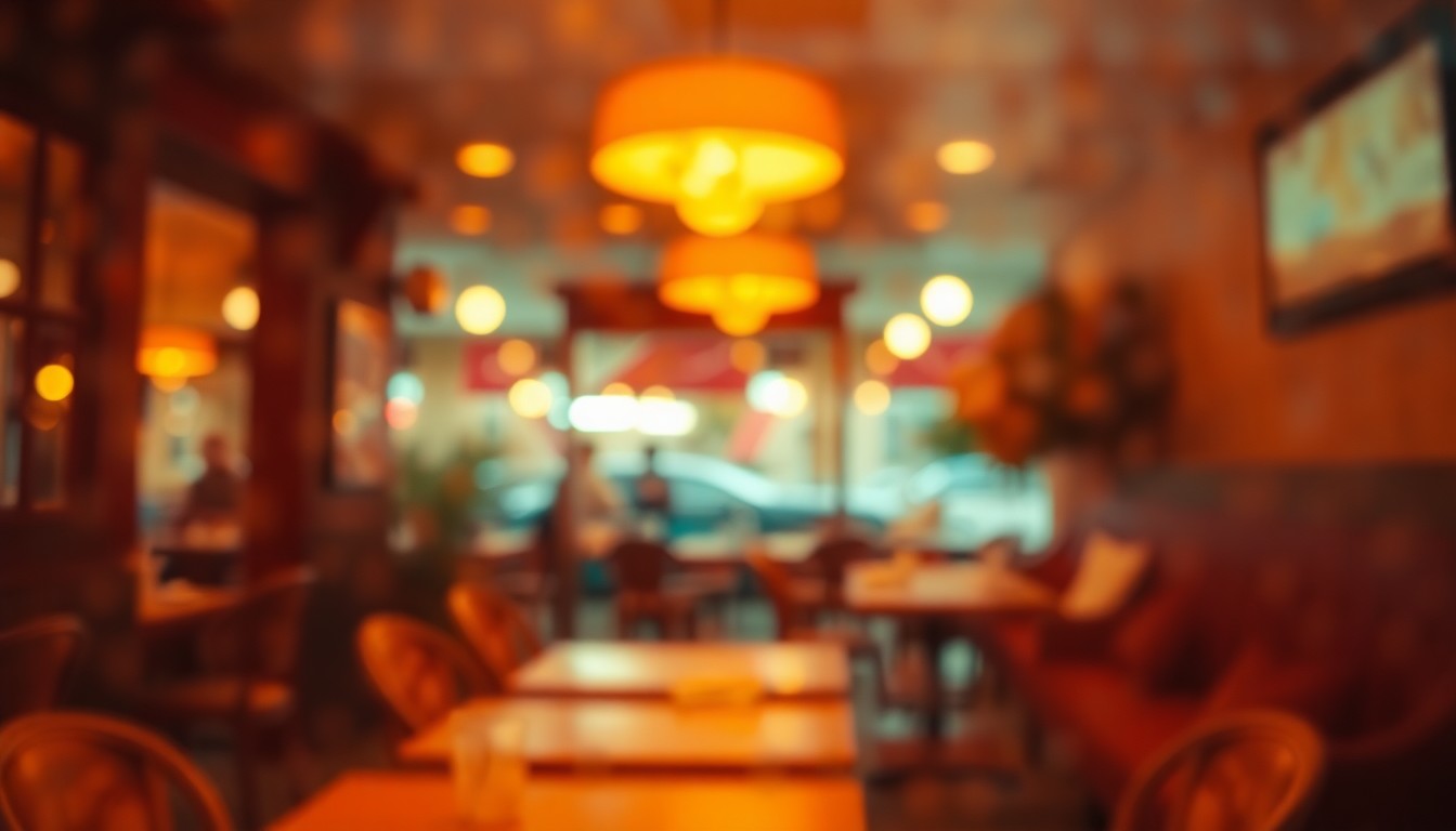 An impressionistic, out-of-focus scene featuring blurred shapes and warm, glowing colors that suggest the cozy, intimate atmosphere of a neighborhood restaurant.