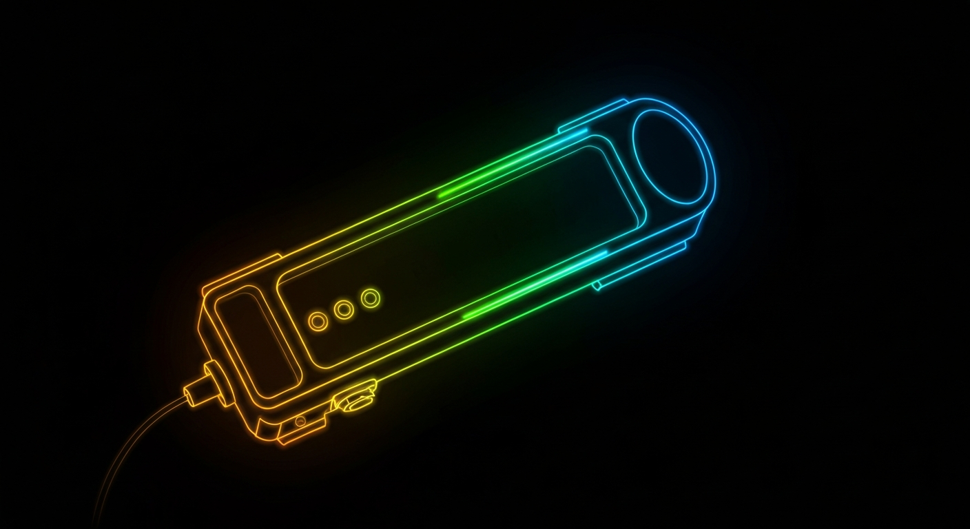 A minimalist neon outline illustration of an air quality sensor device, with glowing lines of green, blue, and orange defining the shape and technology of the device against a dark background.