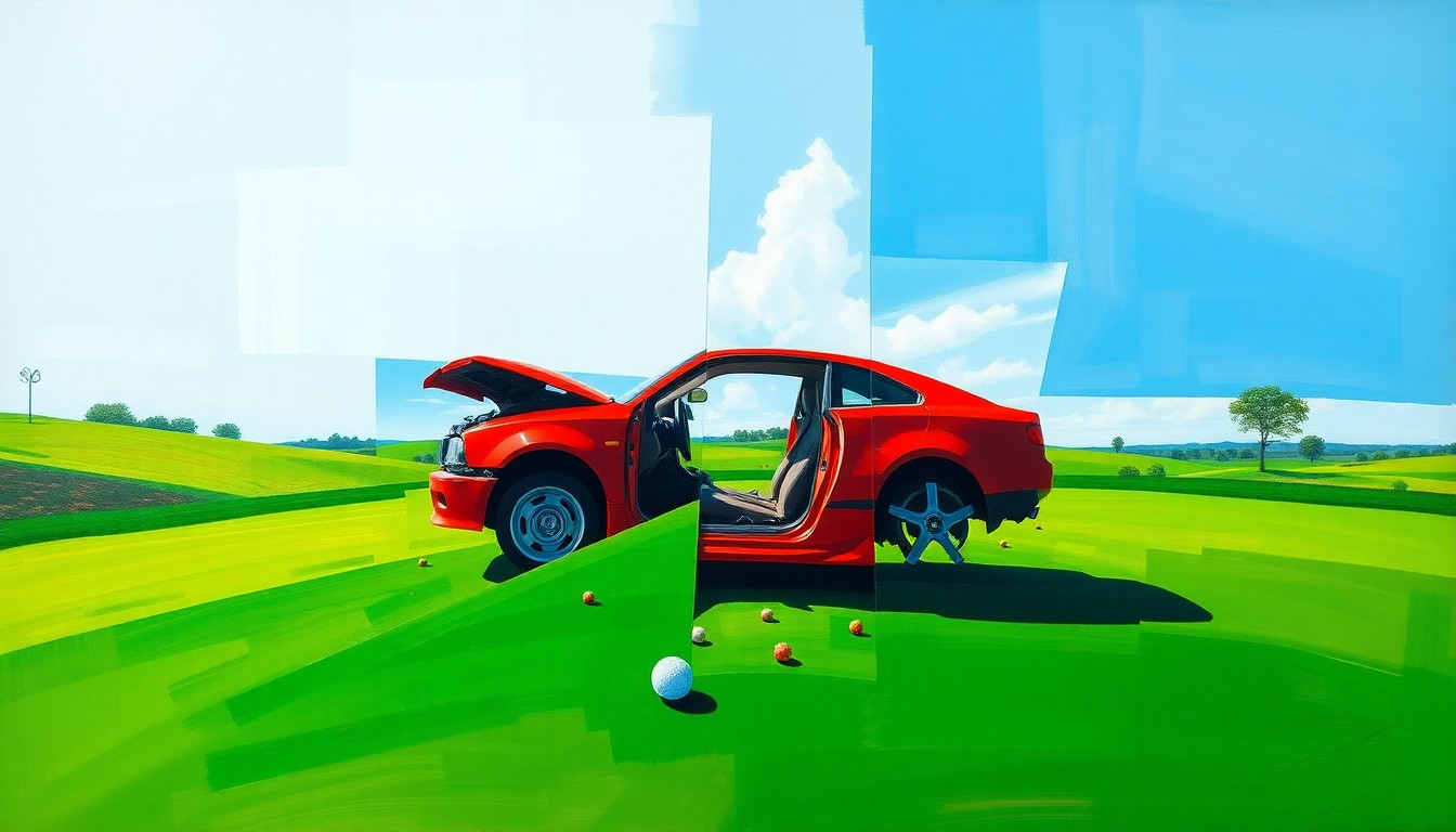 A fractured, multi-perspective painting in vibrant colors depicting a crashed car on a golf course, with the scene broken down into sharp, overlapping geometric planes.