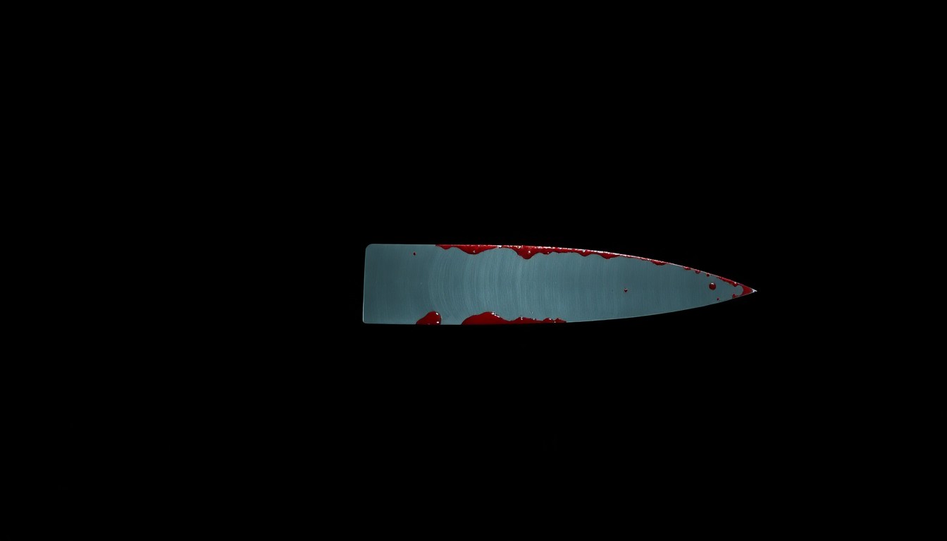 An extreme close-up of a single bloody knife blade, the harsh flash lighting creating a stark, gritty, investigative aesthetic that conceptually represents the violence of the crime.